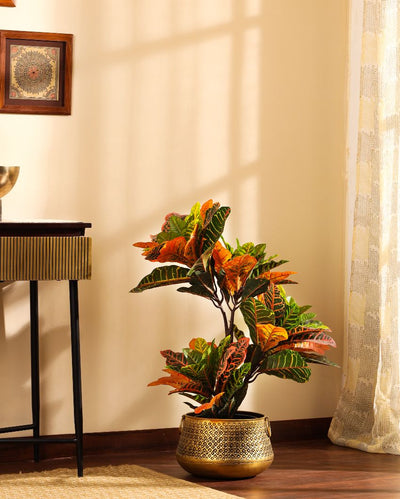 Whimsical Artificial Croton Plant with Black Pot | 3 Feet