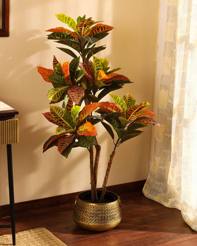 Lush Artificial Croton Plant with Black Pot | 4 Feet