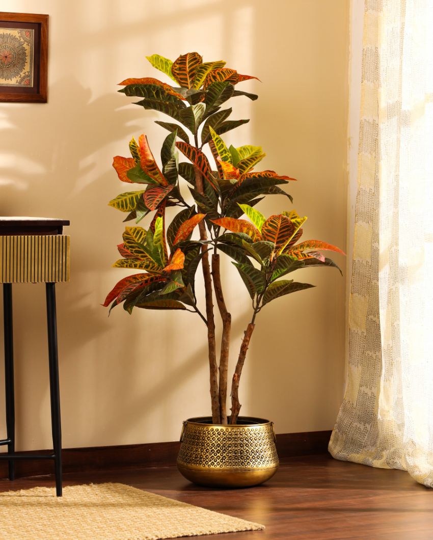 Lush Artificial Croton Plant with Black Pot | 4 Feet