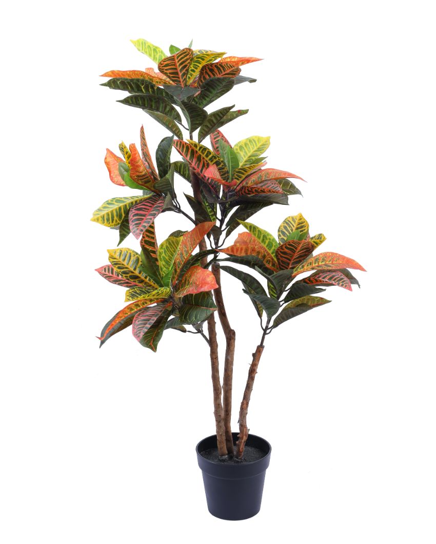 Lush Artificial Croton Plant with Black Pot | 4 Feet