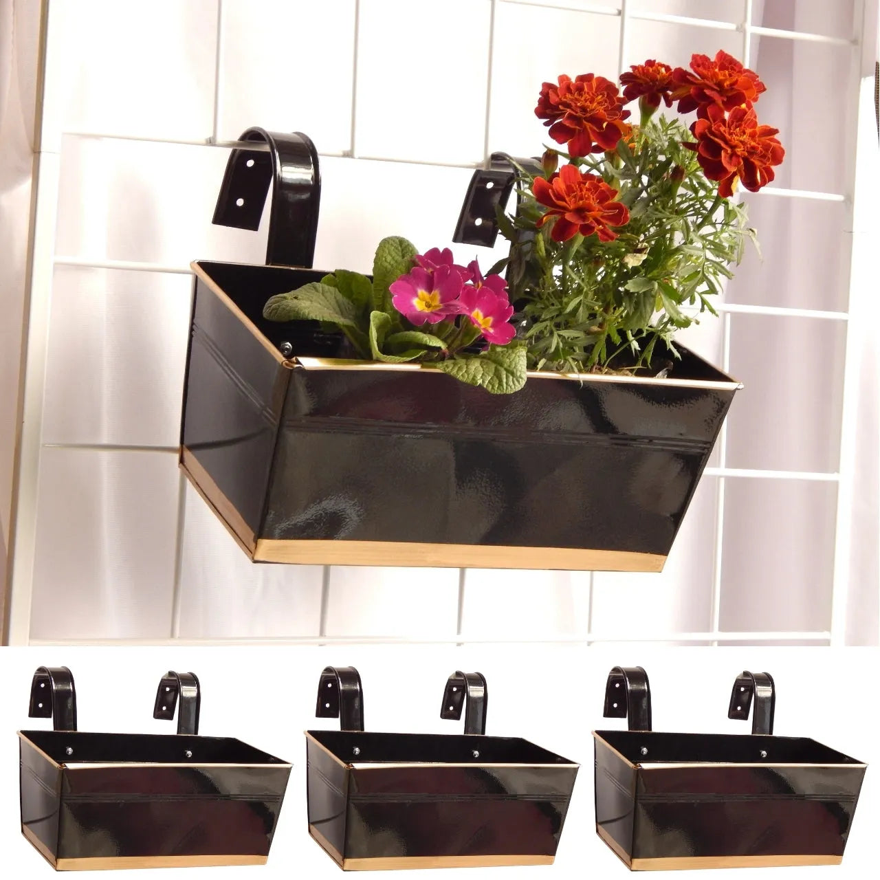 Arractive Metal Design Rectangle Balcony Hanging Planters | 3 Peace Black