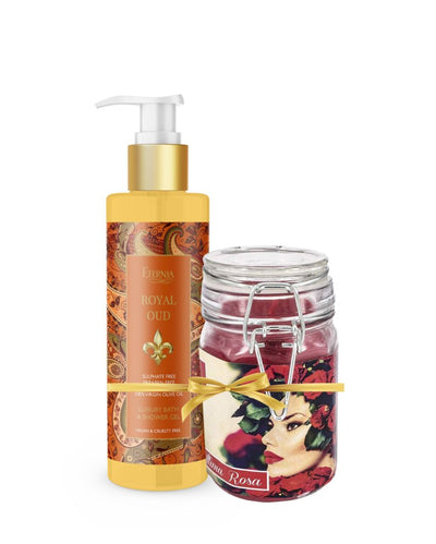 Garden of Roses Scented Jar Candle & Royal Oud Shower Gel Combo Set | Pack of 2