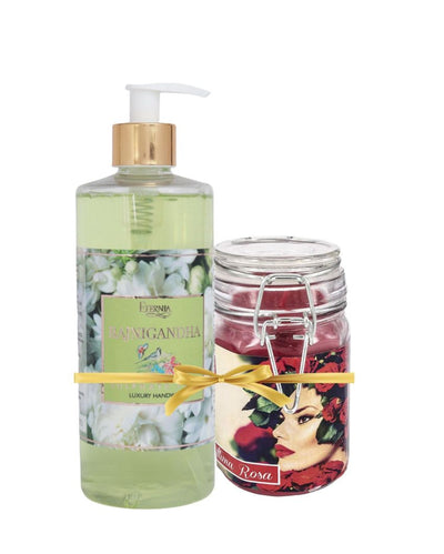 Luxury Rose Scented Jar Candle & Rajnigandha Liquid Soap Combo Set | Pack of 2