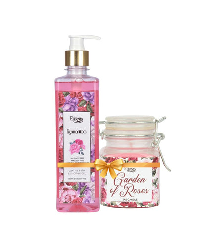 Garden of Roses Scented Jar Candle & Romantica Shower Gel Combo Set | Pack of 2