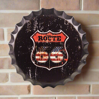 Route 66 Red Bottle Caps Wall Decor Sign | 14 x 2 inches