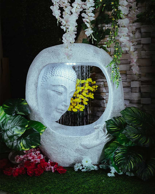 Rock Carved Buddha Face Shower Polyresin Water Fountain White