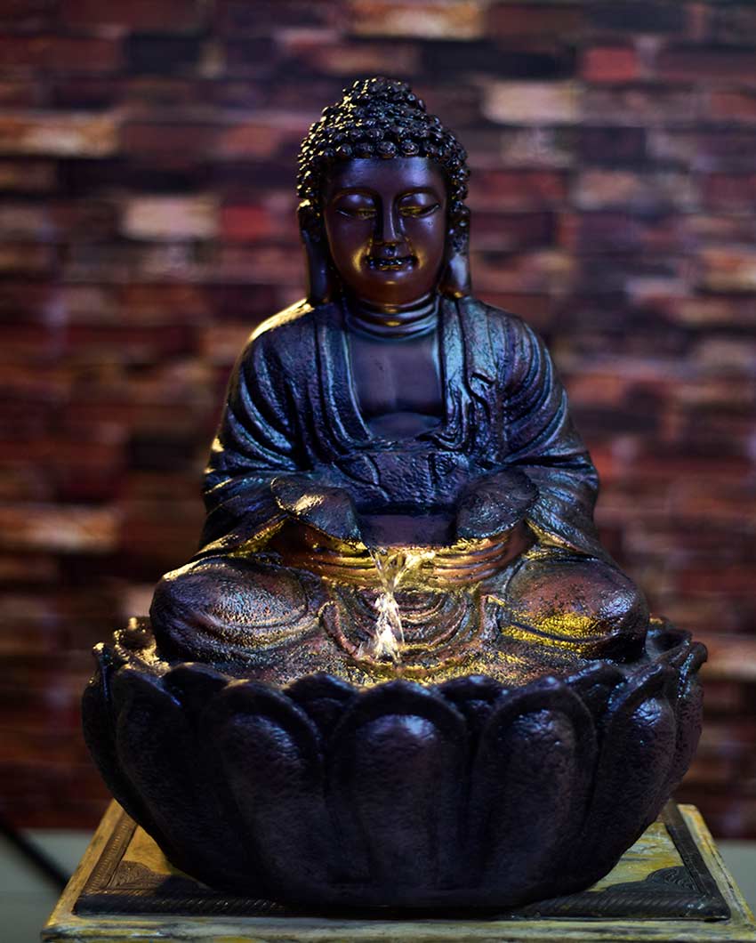 Beautiful Polyresin Lotus Buddha Water Fountain Brown
