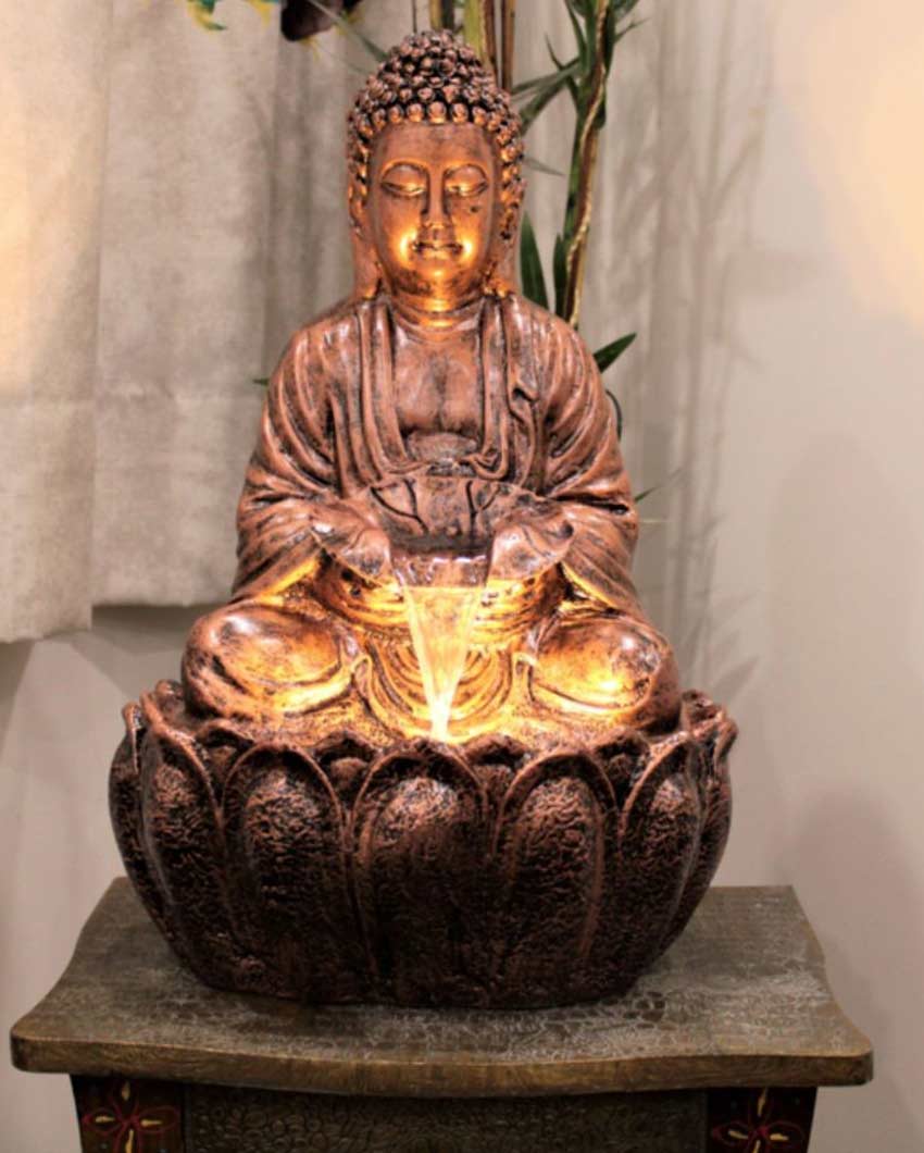 Beautiful Polyresin Lotus Buddha Water Fountain Copper