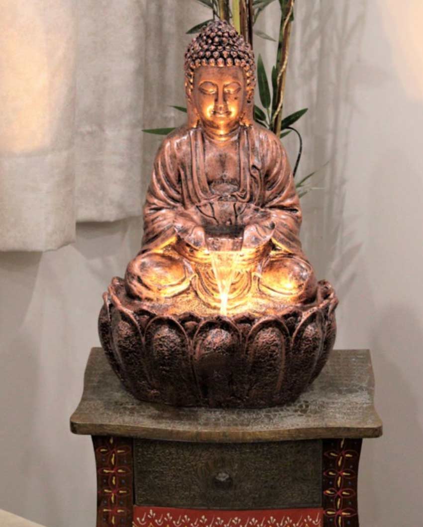 Beautiful Polyresin Lotus Buddha Water Fountain Copper