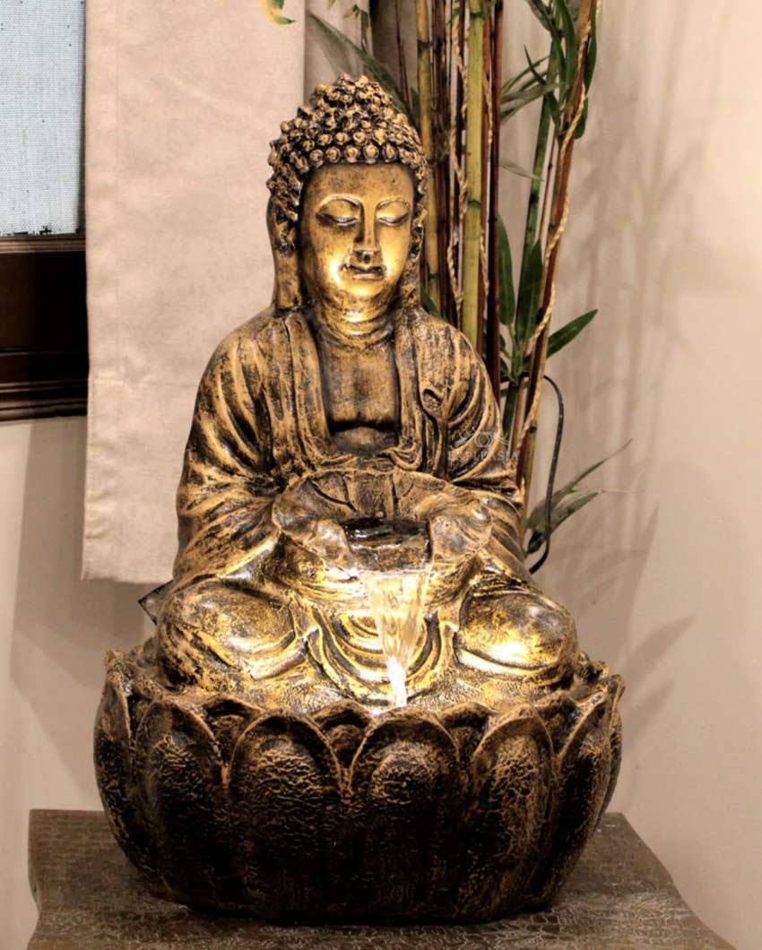 Beautiful Polyresin Lotus Buddha Water Fountain Golden