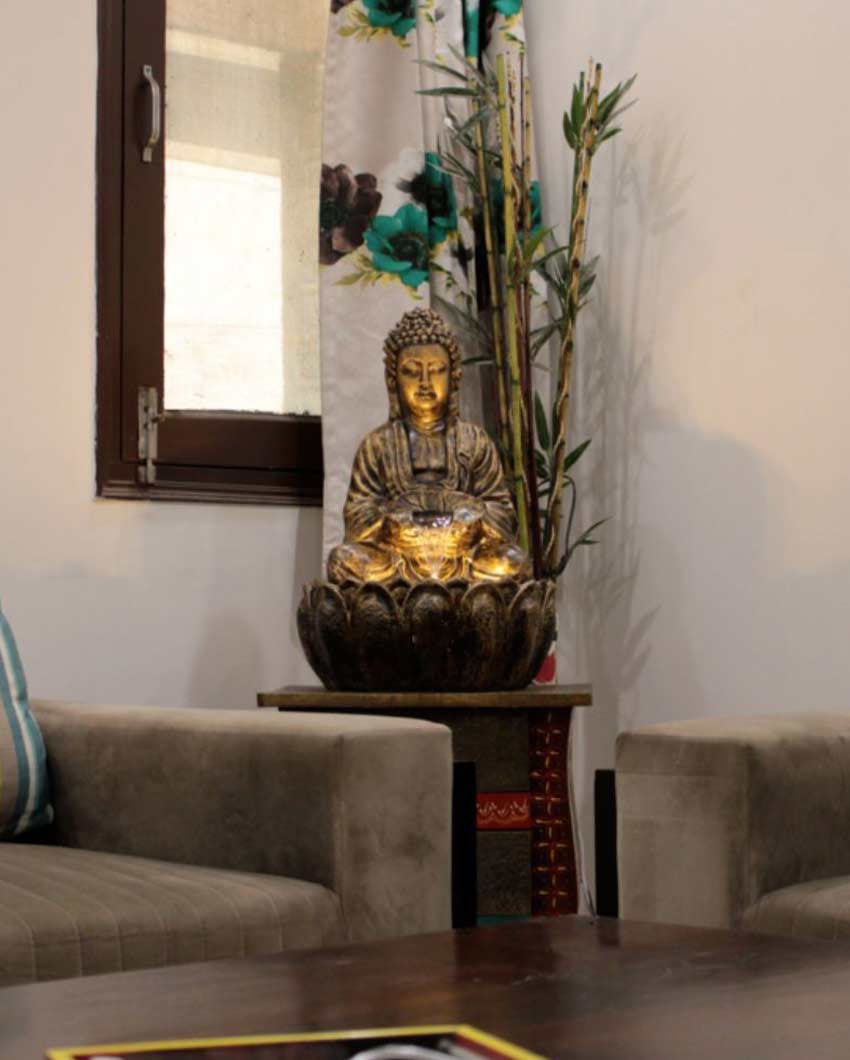 Beautiful Polyresin Lotus Buddha Water Fountain Golden