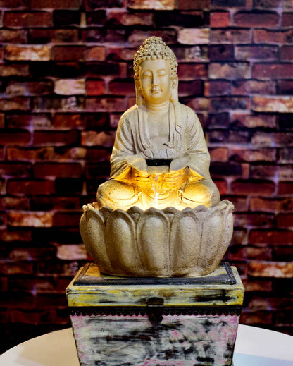 Beautiful Polyresin Lotus Buddha Water Fountain Beige
