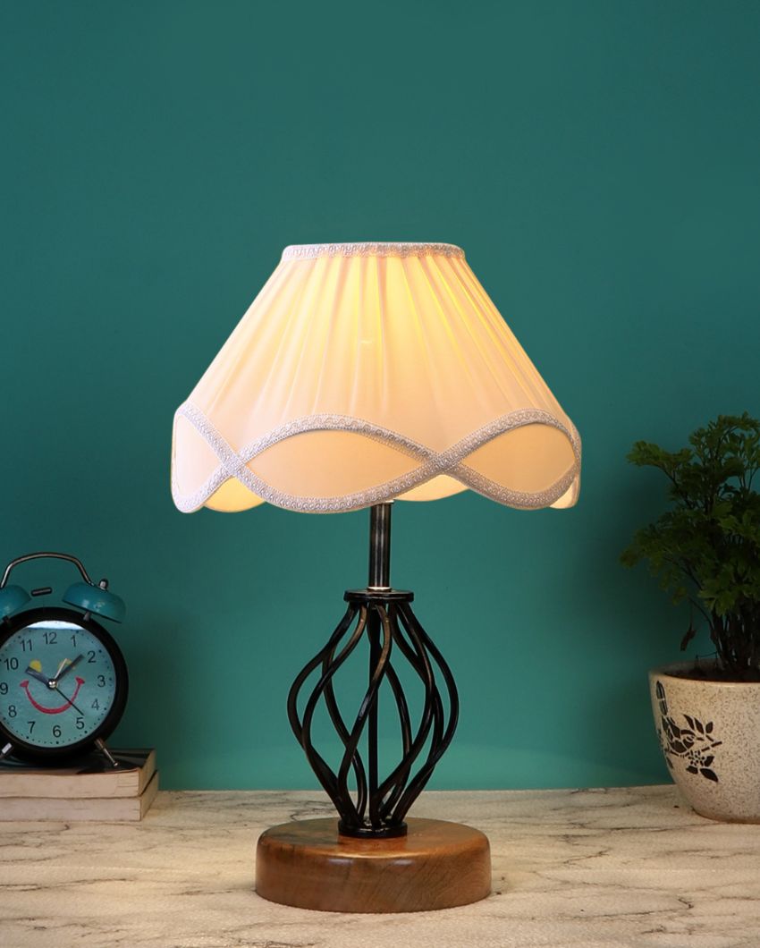 Vintage Shade Table Lamp Iron & Wood Natural Base | 12 x 17 inches