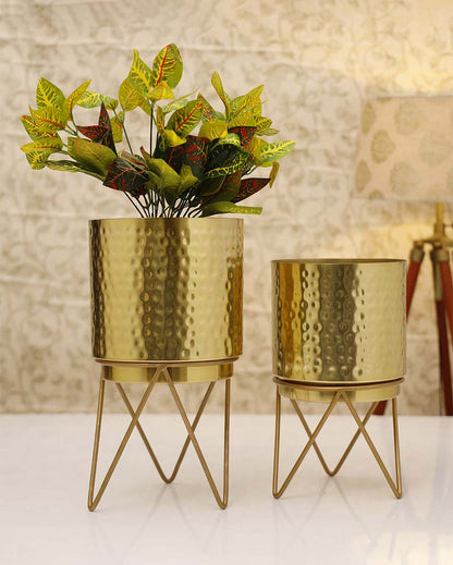 Elle Gold Hammered Metal Planters with Stands | Set Of 2 | Plant not included