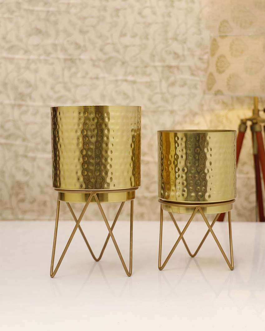 Elle Gold Hammered Metal Planters with Stands | Set Of 2 | Plant not included