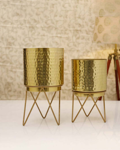 Elle Gold Hammered Metal Planters with Stands | Set Of 2 | Plant not included