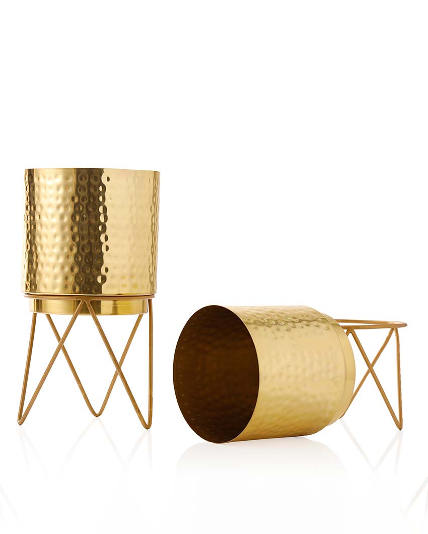 Elle Gold Hammered Metal Planters with Stands | Set Of 2 | Plant not included