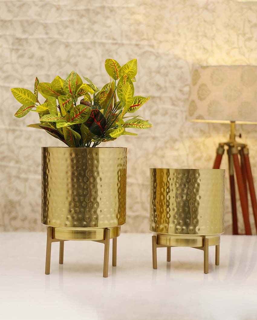 Ember Gold Hammered Metal Planter with Stand | Plant not included