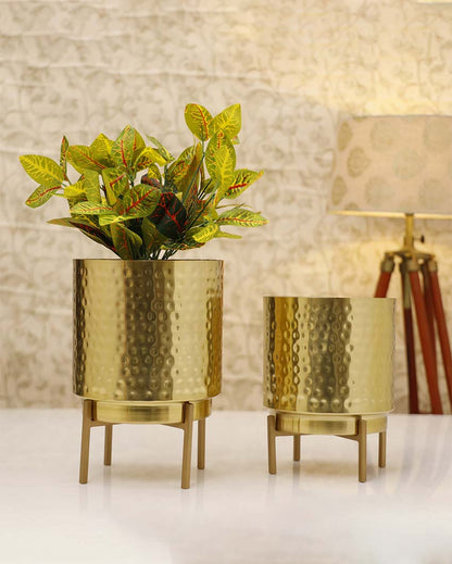 Ember Gold Hammered Metal Planter with Stand | Plant not included