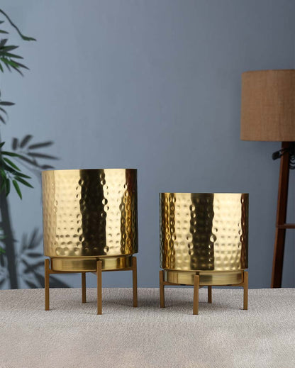 Ember Gold Hammered Metal Planter with Stand | Plant not included