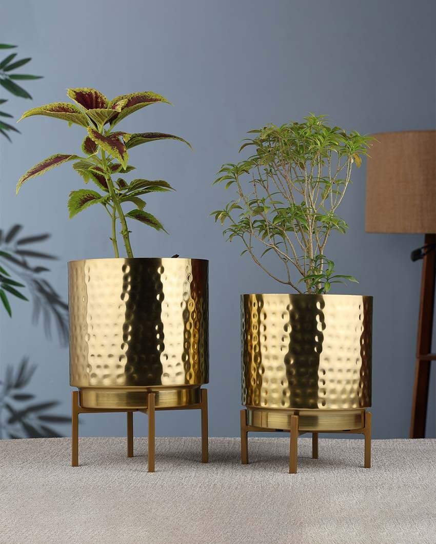 Ember Gold Hammered Metal Planter with Stand | Plant not included