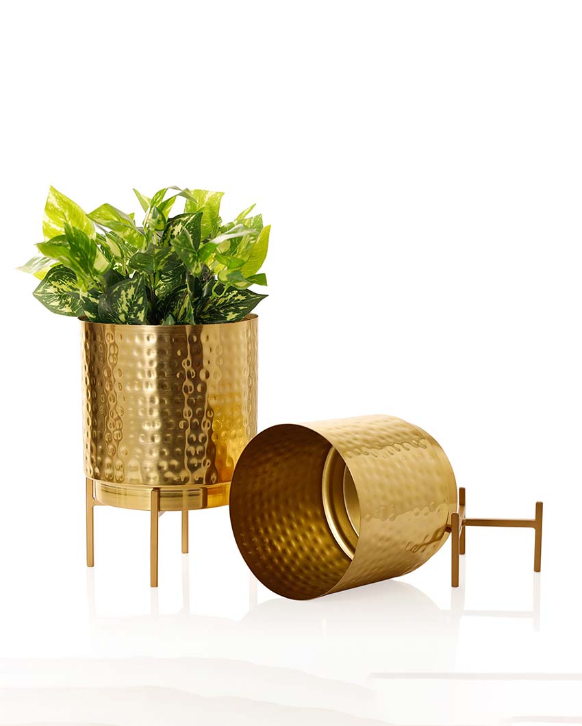 Ember Gold Hammered Metal Planter with Stand | Plant not included