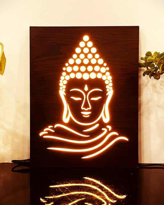 Buddha Head Wooden Spritual God Figurines LED Wall Night Lamp
