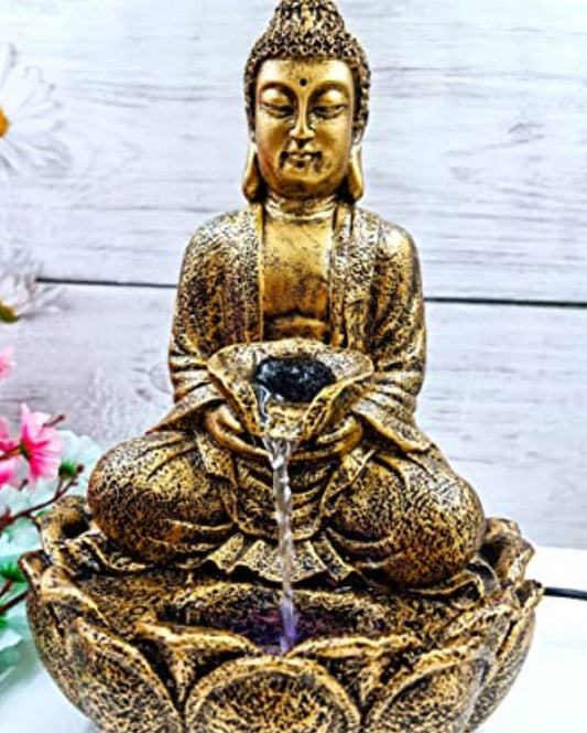 Mini Lotus Buddha Table Decor Polyresin Water Fountain Golden