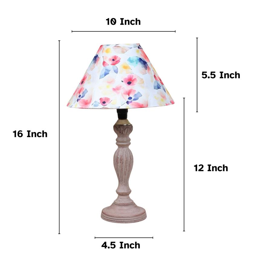 Hand Carved Classic Flower Print with Satin Shade Design Wooden Table Lamp | 10 x 16 inches