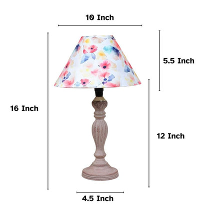 Hand Carved Classic Flower Print with Satin Shade Design Wooden Table Lamp | 10 x 16 inches