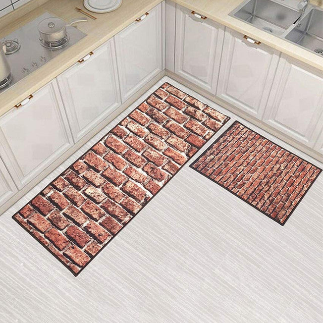 Bricks Printed Greek Anti-Slip Runner & Floor Mat Set