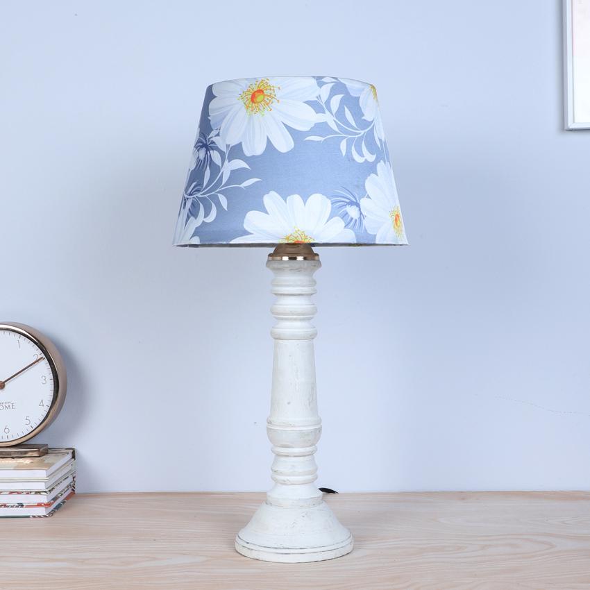 Rustic White Narcissus Floral Print with Satin Shade Design Wooden Table Lamp | 10 x 20 inches