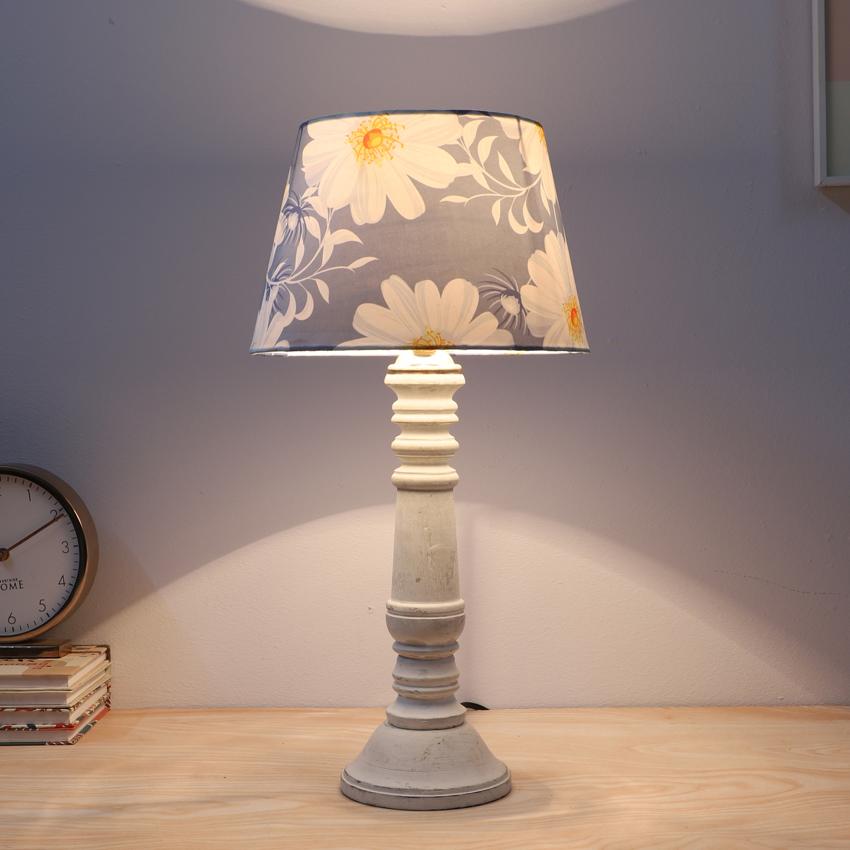 Rustic White Narcissus Floral Print with Satin Shade Design Wooden Table Lamp | 10 x 20 inches