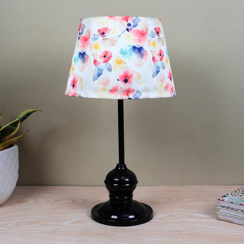 Sleek Spark Flower Print with Satin Shade Design Black Table Lamp | 10 x 18 inches