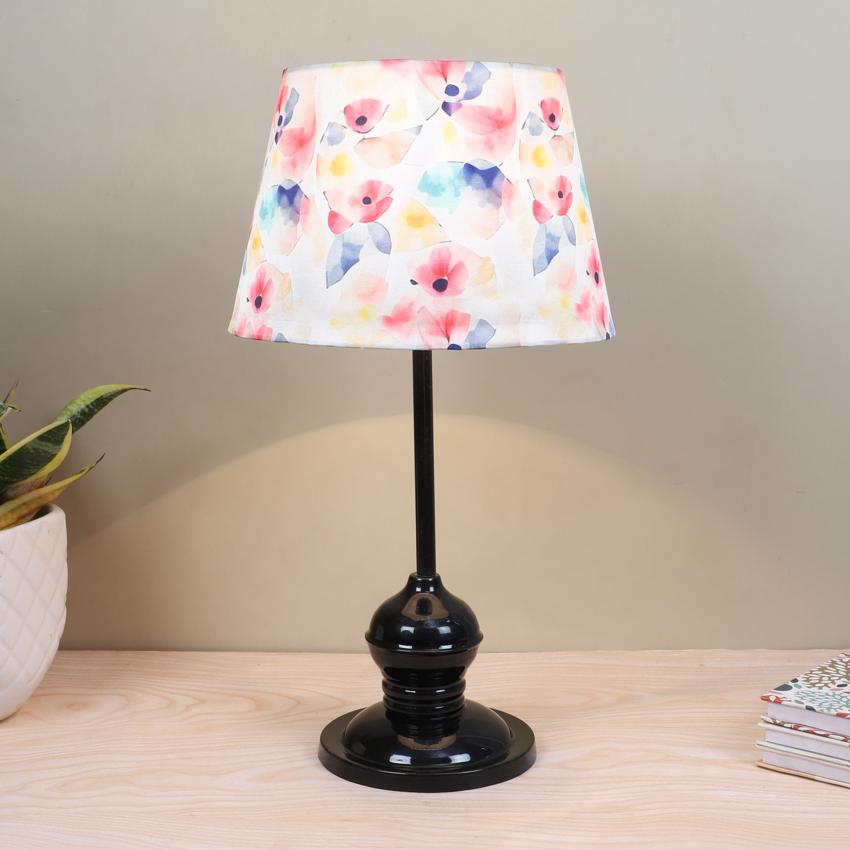 Sleek Spark Flower Print with Satin Shade Design Black Table Lamp | 10 x 18 inches