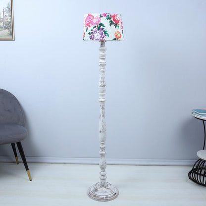 Classic Rustic Carnation Print with Satin Shade Design Wooden Base Floor Lamp | 12 x 54 inches