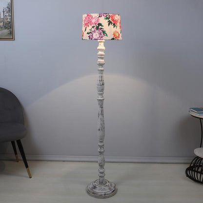 Classic Rustic Carnation Print with Satin Shade Design Wooden Base Floor Lamp | 12 x 54 inches