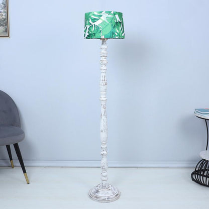 Classic Rustic Palm Print with Satin Shade Design Wooden Base Floor Lamp | 12 x 54 inches