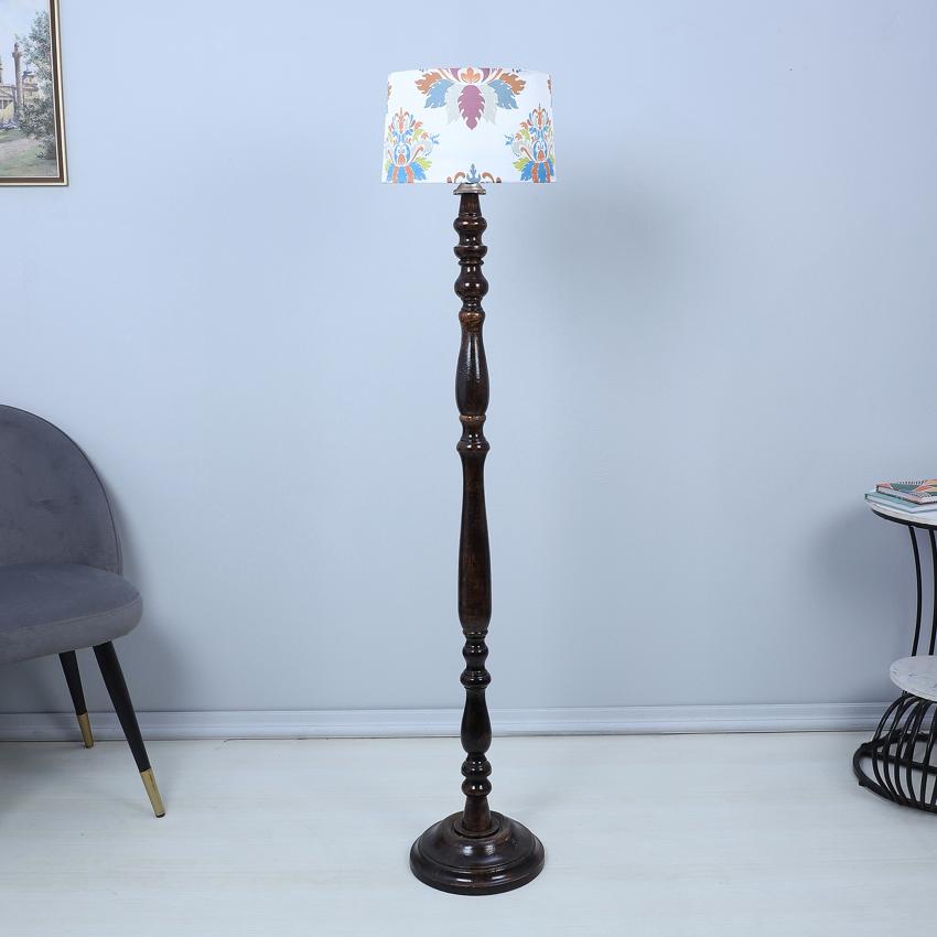 Classic Vintage English Oak Print with Satin Shade Design Wooden Base Floor Lamp | 12 x 54 inches