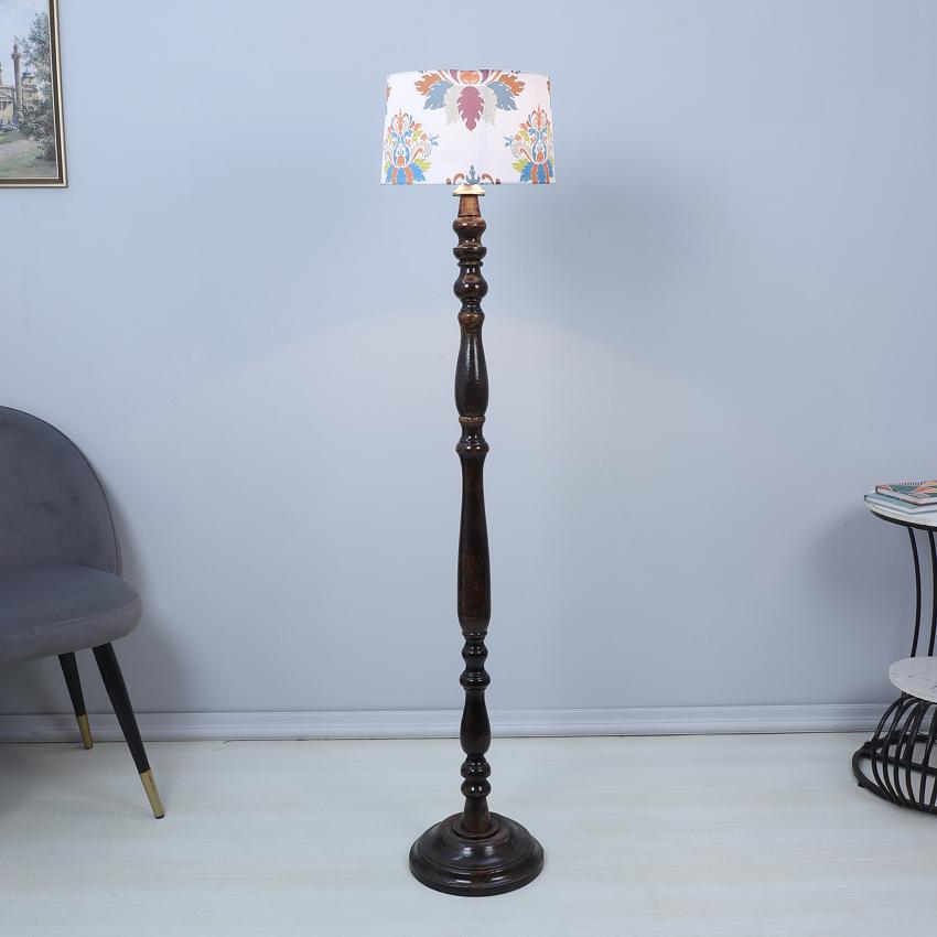 Classic Vintage English Oak Print with Satin Shade Design Wooden Base Floor Lamp | 12 x 54 inches