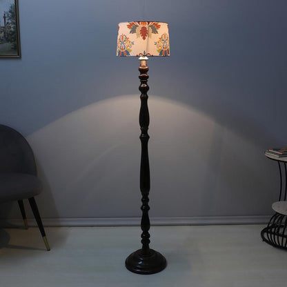 Classic Vintage English Oak Print with Satin Shade Design Wooden Base Floor Lamp | 12 x 54 inches