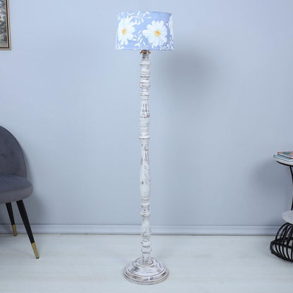 Classic Rustic Narcissus Floral Print with Satin Shade Design White Wooden Base Floor Lamp | 12 x 54 inches