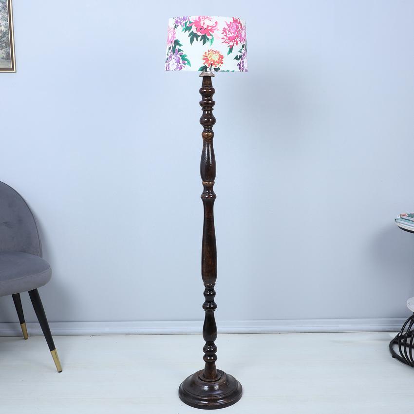 Classic Vintage Carnation Print with Satin Shade Design Wooden Base Floor Lamp | 12 x 54 inches