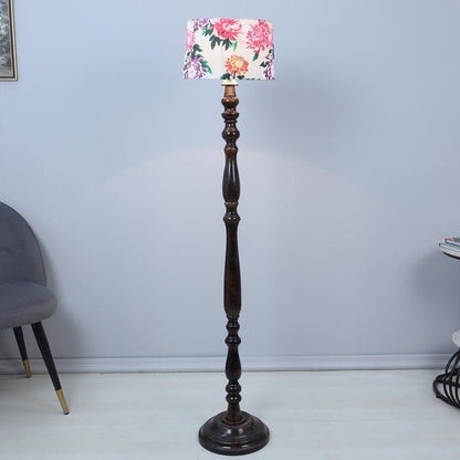 Classic Vintage Carnation Print with Satin Shade Design Wooden Base Floor Lamp | 12 x 54 inches