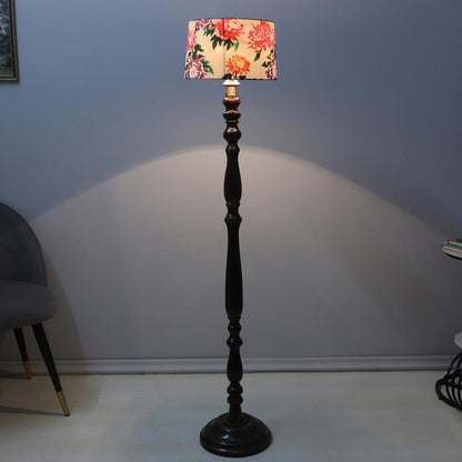 Classic Vintage Carnation Print with Satin Shade Design Wooden Base Floor Lamp | 12 x 54 inches