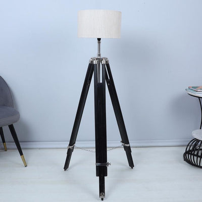 Vintage White with Cotton Shade Tripod Design Wooden Base Floor Lamps | 24 x 24 x 56 inches