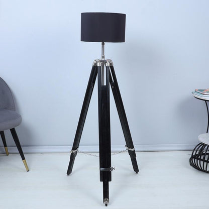 Vintage Black with Cotton Shade Tripod Design Wooden Base Floor Lamps | 24 x 24 x 56 inches