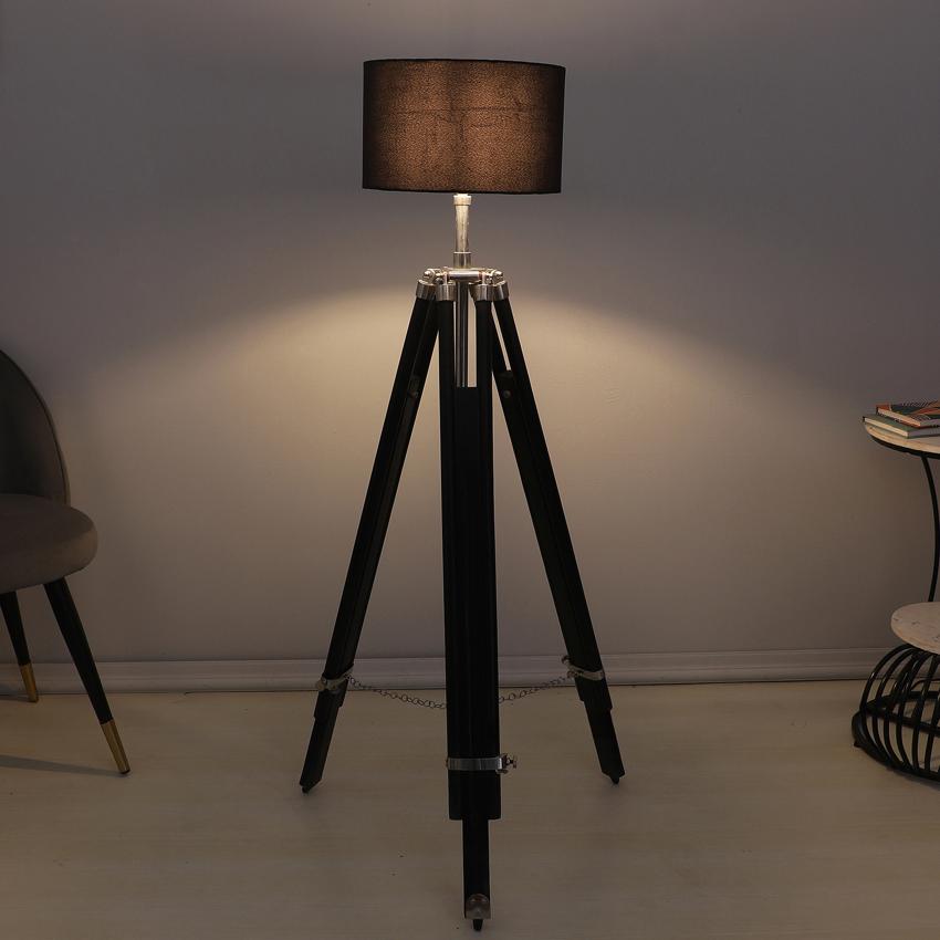 Vintage Black with Cotton Shade Tripod Design Wooden Base Floor Lamps | 24 x 24 x 56 inches