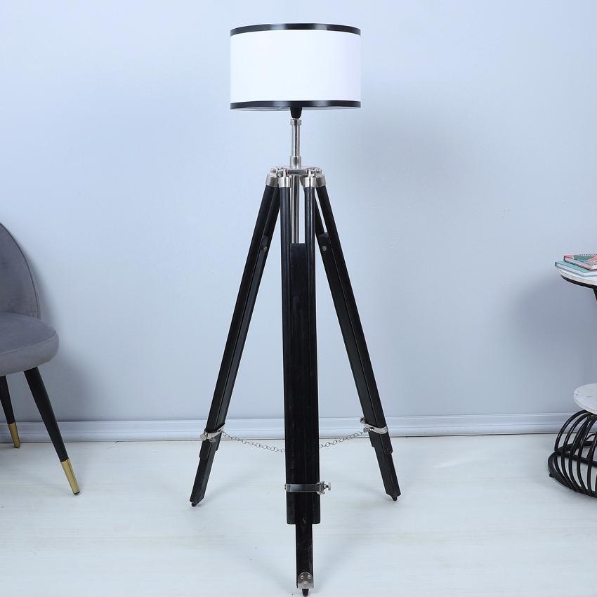 Vintage White with Cotton Shade Tripod Design Wooden Base Floor Lamps | 24 x 24 x 56 inches