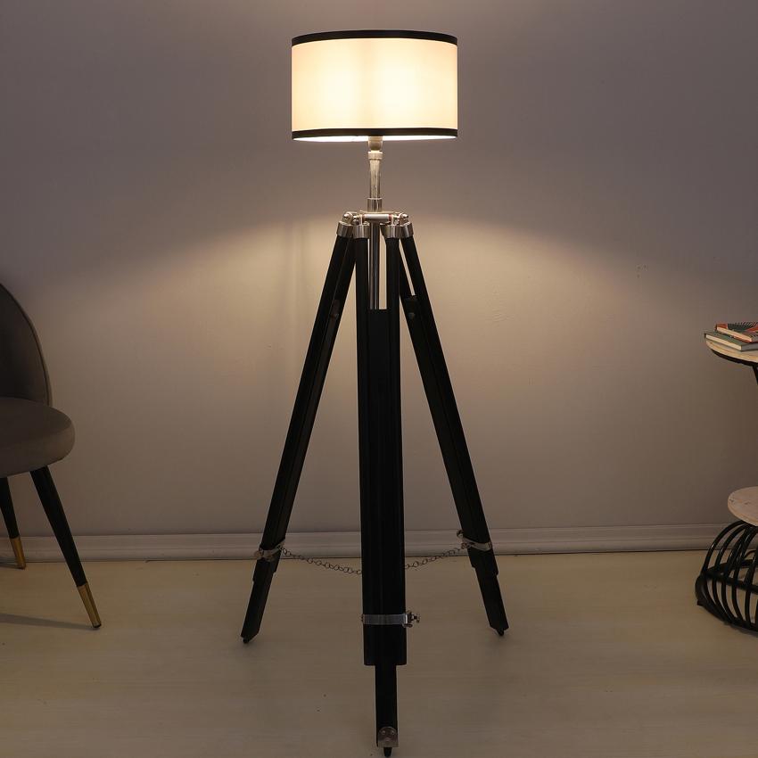 Vintage White with Cotton Shade Tripod Design Wooden Base Floor Lamps | 24 x 24 x 56 inches